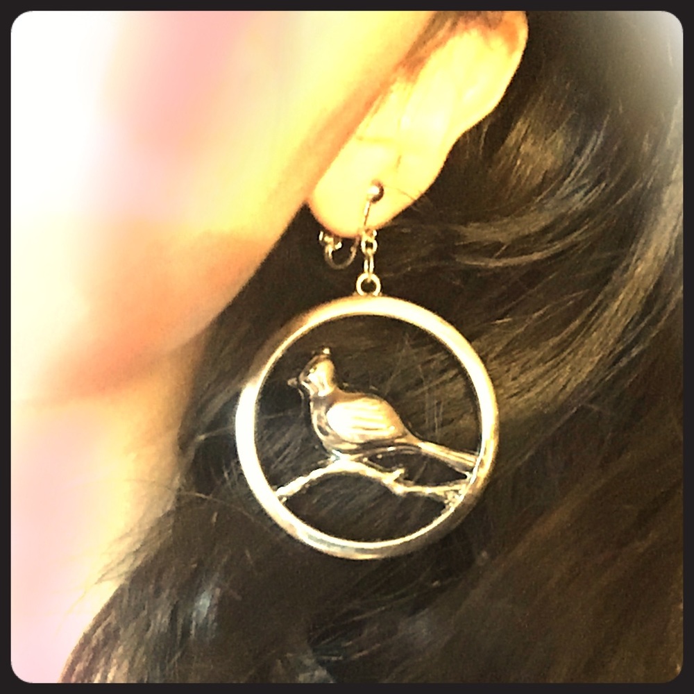 Song Bird hoop earrings cardinal asymmetrical